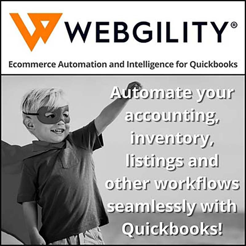 Webgility affiliate graphic promoting ecommerce integration tool that syncs Shopify and other platforms with QuickBooks