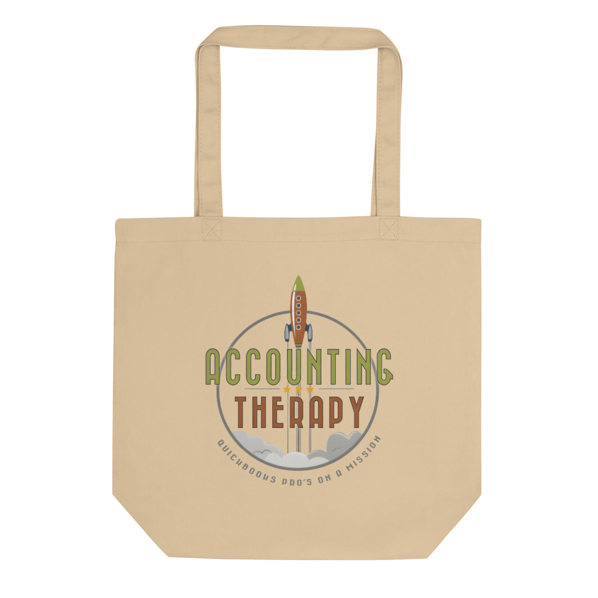 Beige tote bag with 'Accounting Therapy' graphic design