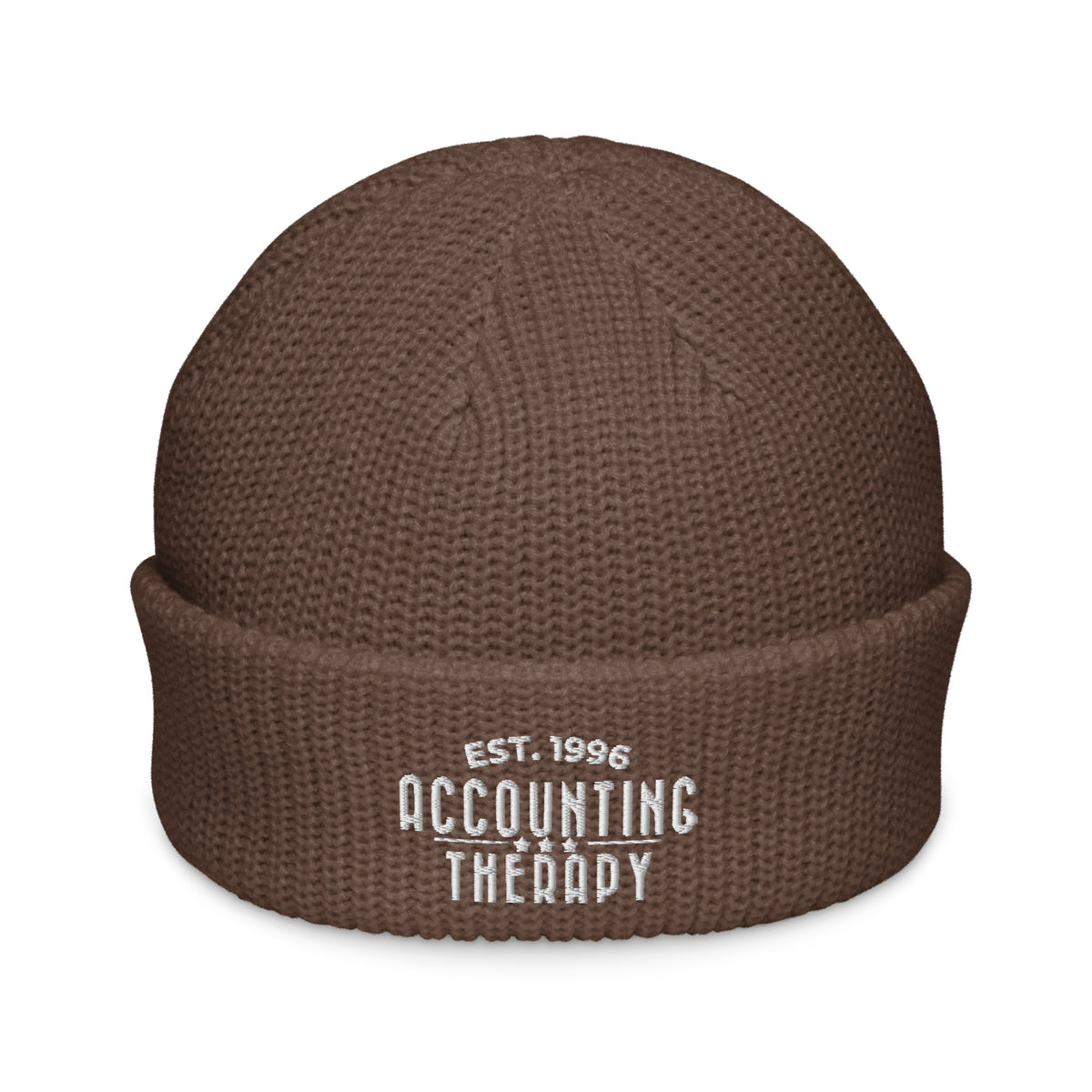 Product mockup - Front view of a brown fisherman beanie showing a ribbed knit hat with a short cuff and snug fit