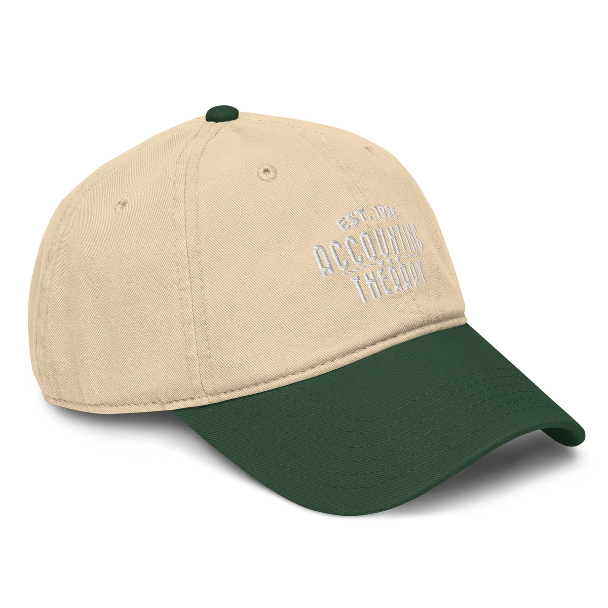 Product mockup - Right-front view of a dark green and khaki OTTO cap showing a structured two-tone baseball hat with curved brim