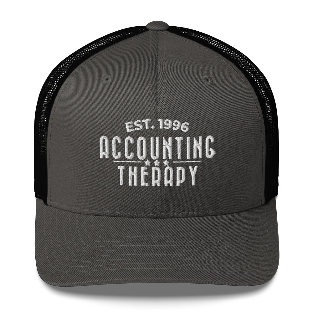 Product mockup -Front view of a retro trucker hat in dark gray with mesh back panels and a structured front