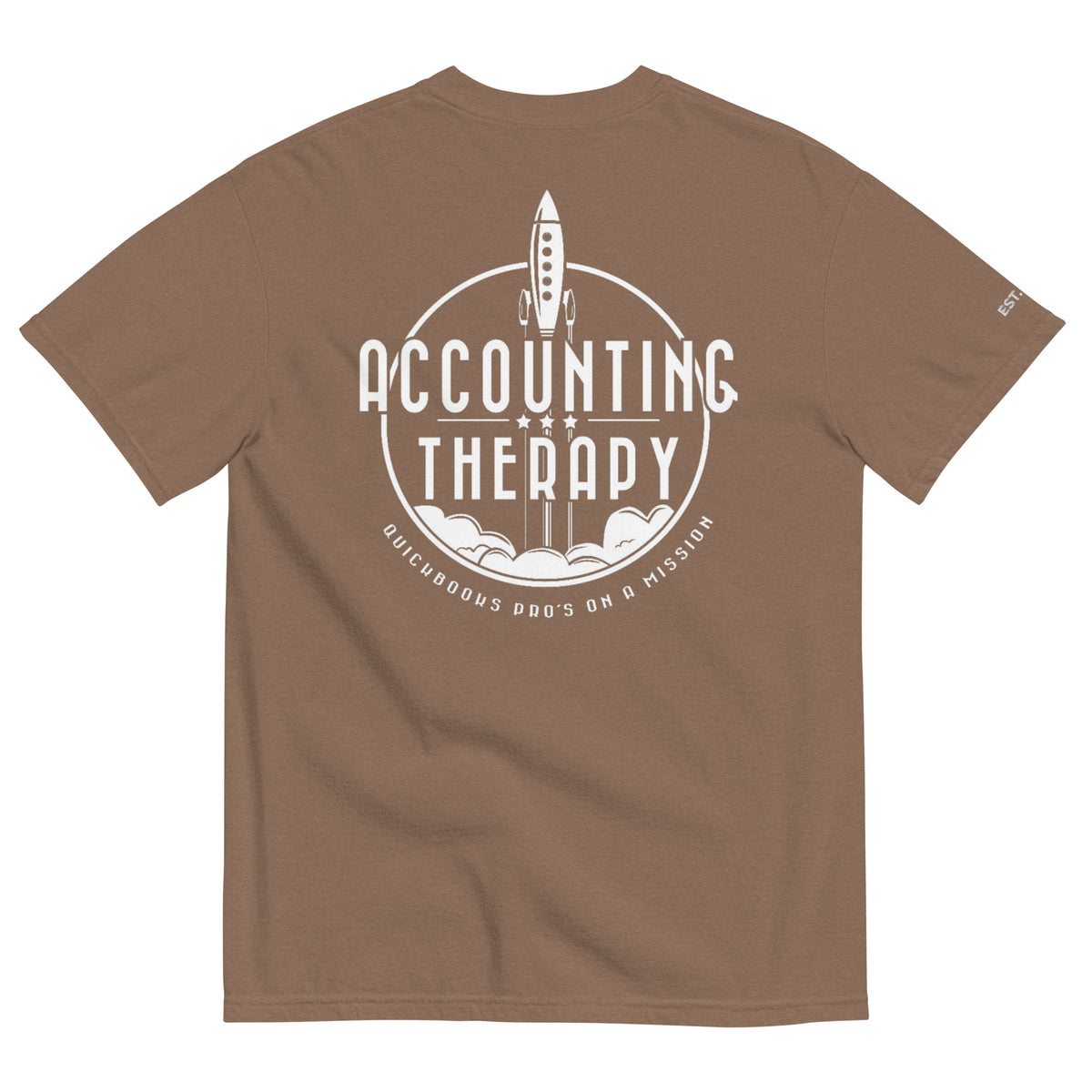 Product mockup - Back view of a Brown unisex garment-dyed heavyweight t-shirt showing a relaxed fit short sleeve crew neck tee