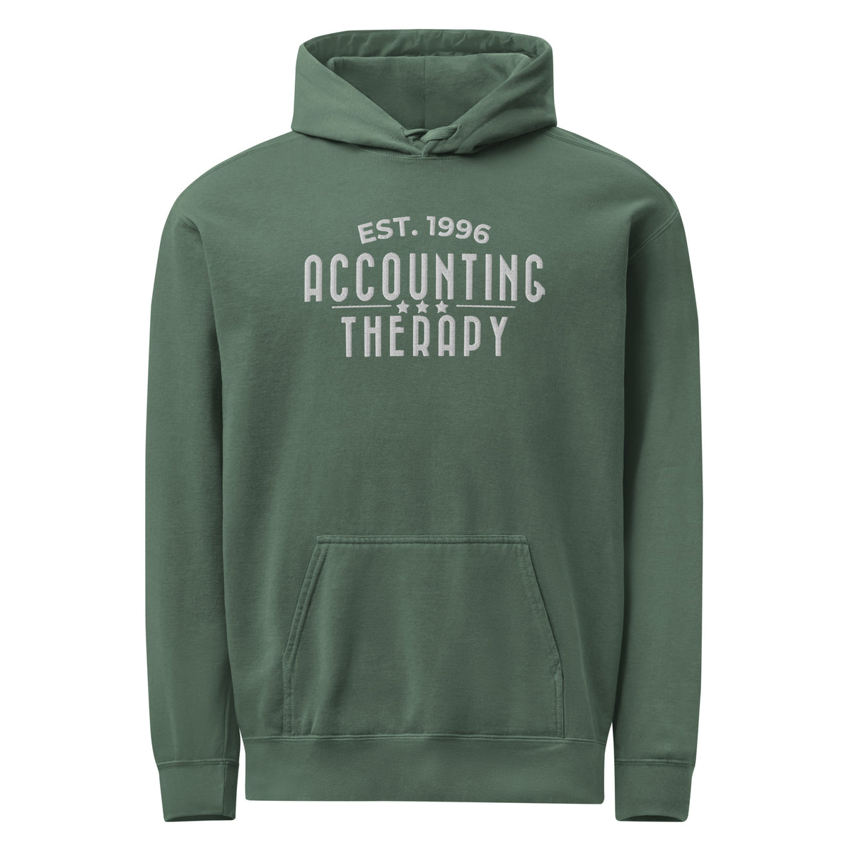 Product mockup - Front view of a blue spruce Comfort Colors unisex garment-dyed hooded sweatshirt showing a relaxed fit hoodie with drawstrings and front pouch pocket