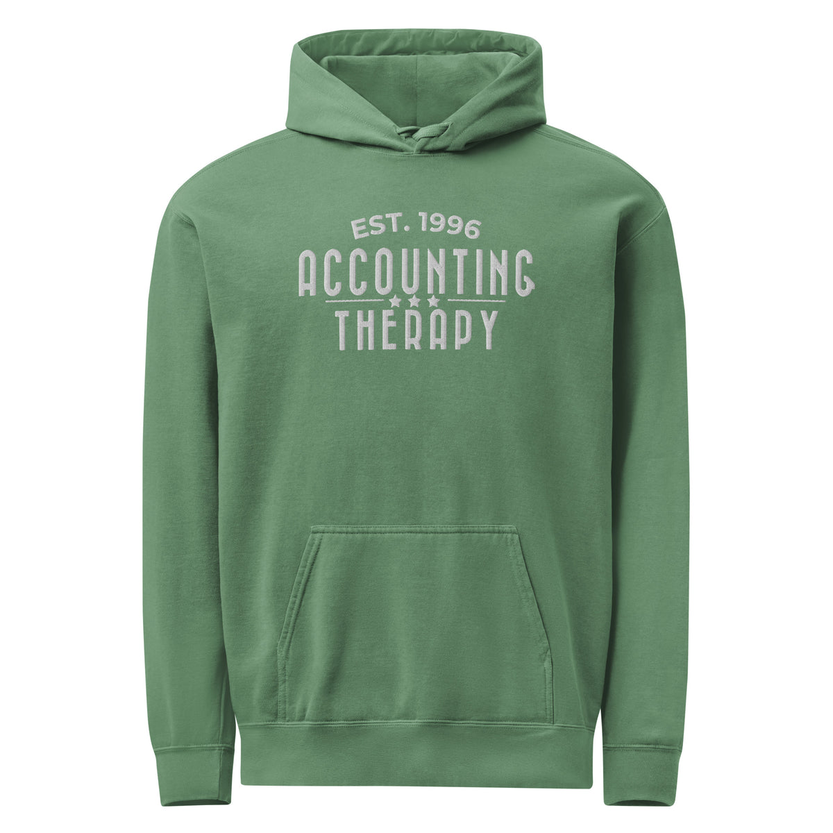 Product mockup - Front view of a light green Comfort Colors unisex garment-dyed hooded sweatshirt showing a relaxed fit hoodie with drawstrings and front pouch pocket