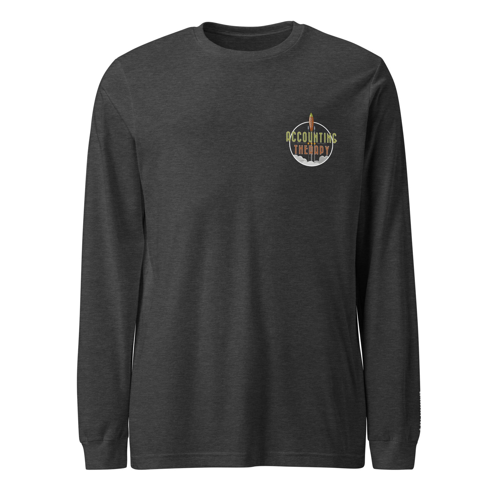 Product mockup - Front view of a heather grey unisex long sleeve t-shirt showing a classic fit crew neck tee with long sleeves